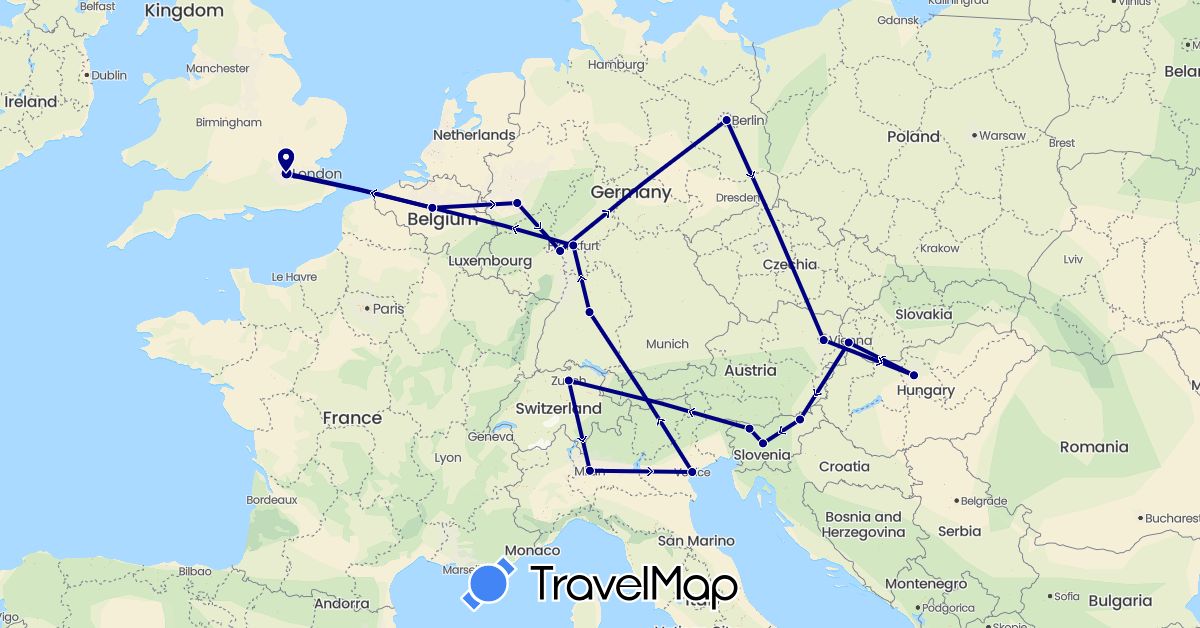 TravelMap itinerary: driving in Austria, Belgium, Switzerland, Germany, United Kingdom, Hungary, Italy, Slovenia, Slovakia (Europe)